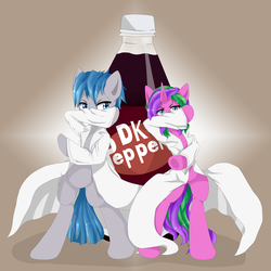 Size: 2800x2800 | Tagged: safe, artist:nihithebrony, oc, oc only, earth pony, pony, unicorn, bipedal, clothes, commission, duo, female, high res, lab coat, male, mare, soda, stallion