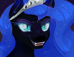 Size: 1280x989 | Tagged: safe, artist:silfoe, edit, nightmare moon, pony, g4, alternate universe, big crown thingy, eye reflection, fangs, female, jewelry, mare in the moon, moon, reflection, regalia, solo