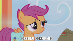 Size: 1366x768 | Tagged: safe, edit, edited screencap, screencap, scootaloo, pony, g4, parental glideance, discussion in the comments, female, image macro, meme, orphan, solo