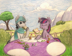 Size: 1366x1068 | Tagged: safe, artist:thefriendlyelephant, twilight sparkle, oc, oc:grey, earth pony, pony, unicorn, g4, apple, bush, carrot, clothes, cloud, clover, commission, drink, female, fence, food, glass, lettuce, lunch, magic aura, male, mare, mountain, pepper, plate, potted plant, salt, salt and pepper shakers, sandwich, scarf, stallion, straw, table, traditional art, tree