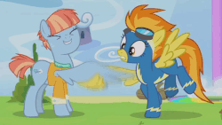 Size: 781x442 | Tagged: safe, screencap, spitfire, windy whistles, pony, g4, parental glideance, animated, clothes, female, gif, goggles, uniform, wing hands, wing shake, wonderbolts uniform