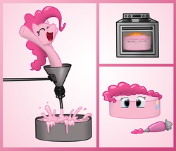 Size: 1200x1030 | Tagged: safe, artist:redflare500, pinkie pie, earth pony, pony, g4, baking, cake, cakie pie, cellular peptide cake (with mint frosting), female, food, food transformation, frosting, grimcute, inanimate tf, mare, solo, transformation