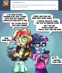 Size: 700x820 | Tagged: safe, artist:rawrienstein, sci-twi, sunset shimmer, twilight sparkle, equestria girls, g4, cellphone, dungeons and dragons, female, game boy, hilarious in hindsight, lesbian, phone, pokémon, ship:sci-twishimmer, ship:sunsetsparkle, shipping, tabletop game