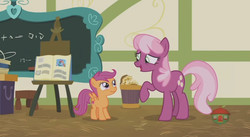 Size: 848x465 | Tagged: safe, screencap, cheerilee, scootaloo, earth pony, pegasus, pony, g4, parental glideance, female, filly, mare, pasta and potato sandwich on sourdough, scrapbook, trash can