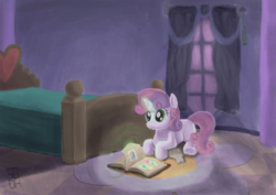 Size: 4960x3508 | Tagged: safe, artist:sgrayda, sweetie belle, pony, unicorn, g4, absurd resolution, bed, bedroom, book, female, night, prone, reading, solo, sweetie belle's magic brings a great big smile