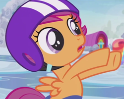 Size: 596x476 | Tagged: safe, screencap, scootaloo, pegasus, pony, g4, parental glideance, cute, cutealoo, female, filly, foal, helmet, open mouth, solo, spread wings, wings