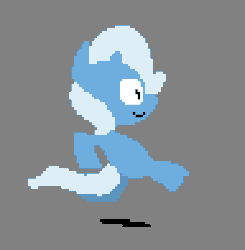 Size: 288x294 | Tagged: safe, artist:fauxsquared, trixie, pony, unicorn, trixie is magic, g4, animated, bipedal, female, gif, gray background, pixel art, running, simple background, smiling, solo
