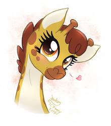 Size: 880x1000 | Tagged: safe, artist:joakaha, clementine, giraffe, fluttershy leans in, g4, animal, cute, eyelashes, female, heart, looking at you, smiling, solo, sternocleidomastoid