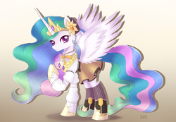 Size: 2447x1694 | Tagged: dead source, safe, artist:nika191319, princess celestia, alicorn, pony, g4, clothes, colored pupils, cosplay, costume, crown, cup, female, jewelry, looking at you, magical girl, mami tomoe, mare, puella magi madoka magica, raised hoof, regalia, smiling, solo, teacup