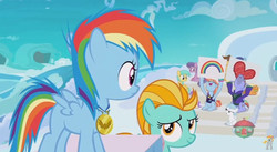 Size: 848x465 | Tagged: safe, screencap, bow hothoof, lightning dust, rainbow dash, windy whistles, pony, g4, parental glideance, medal, podium, rainbow dash's parents, ship:windyhoof