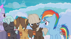 Size: 848x465 | Tagged: safe, screencap, dumbbell, flitter, hoops, rainbow dash, thunderlane, pegasus, pony, g4, parental glideance, colt, female, filly, foal, male, participation ribbon