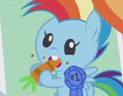 Size: 258x202 | Tagged: safe, screencap, rainbow dash, pegasus, pony, g4, parental glideance, baby, blue ribbon, carrot, cropped, cute, dashabetes, eating, female, filly, filly rainbow dash, food, herbivore, mare, ribbon, solo, wings, younger