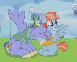 Size: 391x316 | Tagged: safe, screencap, bow hothoof, windy whistles, pegasus, pony, g4, parental glideance, animated, crying, cute, duo, female, flapping, gif, liquid pride, male, mare, rainbow dash's parents, ship:windyhoof, stallion, waving, wing hands, wings