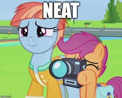 Size: 591x475 | Tagged: safe, edit, edited screencap, screencap, scootaloo, windy whistles, pony, g4, parental glideance, bender bending rodríguez, camera, caption, cropped, duo, female, futurama, image macro, imgflip, mare, meme, neat, runway, text