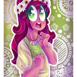 Size: 480x480 | Tagged: safe, artist:animorphsfan, gloriosa daisy, equestria girls, g4, abstract background, colored pupils, cropped, female, floral head wreath, flower, heart eyes, magical geodes, solo, wingding eyes