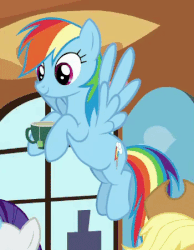 Size: 350x450 | Tagged: safe, screencap, applejack, rainbow dash, rarity, pony, fluttershy leans in, g4, animated, cropped, cup, cute, dashabetes, drink, female, flying, food, gif, hoof hold, loop, solo focus, tea, teacup