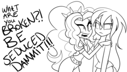 Size: 1024x576 | Tagged: dead source, safe, artist:wubcakeva, adagio dazzle, oc, oc:esbern, equestria girls, g4, my little pony equestria girls: rainbow rocks, annoyed, clothes, dialogue, implied lesbian, monochrome, open mouth, simple background, sketch, white background