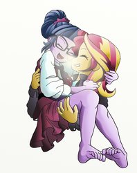 Size: 2202x2778 | Tagged: safe, artist:manifest harmony, sci-twi, sunset shimmer, twilight sparkle, fanfic:clocktower society, equestria girls, g4, barefoot, bridal carry, carrying, clothes, crystal prep academy uniform, cute, duo, explicit source, fanfic art, feet, female, happy, high res, hug, lesbian, romance, romantic, school uniform, shimmerbetes, ship:sci-twishimmer, ship:sunsetsparkle, shipping, twiabetes