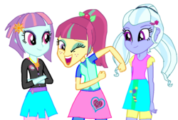 Size: 1024x692 | Tagged: safe, artist:gouhlsrule, sour sweet, sugarcoat, sunny flare, equestria girls, g4, crossed arms, eyeshadow, female, makeup, one eye closed, trio, trio female, wink