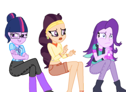 Size: 983x720 | Tagged: safe, artist:gouhlsrule, saffron masala, sci-twi, starlight glimmer, twilight sparkle, equestria girls, g4, crossed arms, equestria girls-ified, female, hands together, looking back, nervous, sitting, trio, trio female