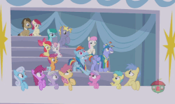 Size: 813x483 | Tagged: safe, screencap, apple bloom, berry punch, berryshine, bow hothoof, dizzy twister, doctor whooves, goldengrape, linky, orange swirl, pinkie feather, ponet, rainy feather, roseluck, scootaloo, shoeshine, sir colton vines iii, spring melody, sprinkle medley, sweet pop, sweetie belle, time turner, twinkleshine, windy whistles, earth pony, pegasus, pony, unicorn, g4, parental glideance, animated, cheering, cutie mark crusaders, female, filly, flying, foal, gif, male, mare, ponies standing next to each other, rainbow dash's parents, ship:windyhoof, stallion