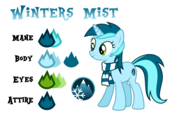 Size: 4237x2863 | Tagged: safe, artist:drakizora, oc, oc only, oc:winters mist, pony, unicorn, clothes, high res, reference sheet, scarf, solo