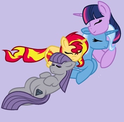 Size: 960x946 | Tagged: safe, artist:calibykitty, maud pie, sunset shimmer, trixie, twilight sparkle, alicorn, pony, g4, cuddling, eyes closed, group, purple background, resting, simple background, smiling, snuggling, twilight sparkle (alicorn), wrong cutie mark