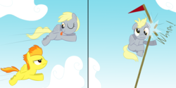 Size: 1600x800 | Tagged: safe, artist:mightyshockwave, derpy hooves, spitfire, pony, g4, parental glideance, crash, female, filly, one eye closed, race, wink