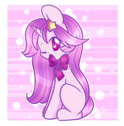 Size: 1024x1042 | Tagged: safe, artist:twily-star, oc, oc only, oc:maka, pony, unicorn, colored pupils, female, heart eyes, mare, neck bow, sitting, solo, watermark, wingding eyes