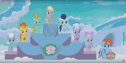 Size: 960x480 | Tagged: safe, screencap, cloudchaser, derpy hooves, fleetfoot, flitter, lightning dust, rainbow dash, soarin', spitfire, pegasus, pony, g4, parental glideance, animated, blue coat, cute, female, filly, filly fleetfoot, gif, medal, participation ribbon, podium, tail, white mane, white tail, younger