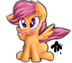 Size: 2300x2000 | Tagged: safe, artist:katakiuchi4u, scootaloo, pegasus, pony, g4, behaving like a dog, chew toy, colored pupils, cute, cutealoo, female, filly, high res, mare, mouth hold, scootapup, simple background, solo, spread wings, transparent background, wings