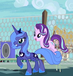 Size: 677x707 | Tagged: safe, screencap, princess luna, starlight glimmer, alicorn, pony, unicorn, g4, animation error, boombox, female, folded wings, fresh princess of friendship, hoof shoes, jewelry, mare, peytral, raised hoof, regalia, s1 luna, tiara, wings