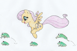 Size: 3198x2112 | Tagged: safe, artist:sonic-spatula, fluttershy, frog, pegasus, pony, g4, cute, female, high res, jumping, leapfrog, looking down, midair, open mouth, profile, shyabetes, simple background, solo, spread wings, traditional art, white background, wings
