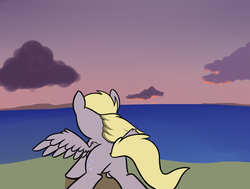 Size: 1280x970 | Tagged: safe, artist:neuro, derpy hooves, pegasus, pony, g4, butt, crepuscular rays, female, mare, ocean, plot, rear view, sky, solo, spread wings, sunlight, sunset, water, wing fluff, wings