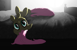 Size: 2202x1440 | Tagged: safe, artist:narbarnar, fluttershy, pony, g4, backlighting, bed, cute, female, fluffy, looking at you, lying down, on back, shyabetes, solo, upside down