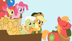 Size: 1280x720 | Tagged: safe, artist:yoshigreenwater, apple bloom, applejack, big macintosh, granny smith, pinkie pie, earth pony, pony, g4, pinkie apple pie, balloon, eyes closed, faic, male, open mouth, stallion, youtube link