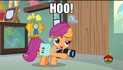 Size: 1280x728 | Tagged: safe, edit, edited screencap, screencap, scootaloo, pony, mentally advanced series, g4, parental glideance, camera, caption, dashmentos, door, female, image macro, meme, pointing, saddle bag, solo, treehouse logo, trophy