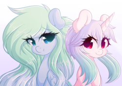 Size: 1280x902 | Tagged: safe, artist:fluffymaiden, oc, oc only, oc:amaranthine sky, oc:reverie, pegasus, pony, unicorn, colored pupils, cute, female, gradient background, lesbian, looking at each other, mare, oc x oc, ocbetes, shipping