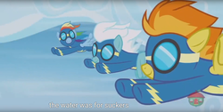 Size: 1920x970 | Tagged: safe, screencap, fleetfoot, rainbow dash, spitfire, pony, g4, parental glideance, clothes, goggles, meme, uniform, wonderbolts uniform, youtube caption