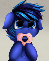 Size: 1424x1764 | Tagged: safe, artist:pridark, oc, oc only, oc:nightshadow, earth pony, pony, donut, floppy ears, food, male, mouth hold, solo, stallion