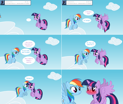 Size: 2565x2170 | Tagged: safe, artist:hakunohamikage, rainbow dash, twilight sparkle, alicorn, pony, ask-princesssparkle, g4, ask, blushing, blushing profusely, flying, high res, tumblr, twilight sparkle (alicorn)