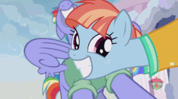 Size: 1001x557 | Tagged: safe, edit, edited screencap, screencap, bow hothoof, windy whistles, pegasus, pony, g4, parental glideance, animated, female, gif, grin, male, nose in the air, rainbow dash's parents, ship:windyhoof, smiling, stallion, treehouse logo, volumetric mouth