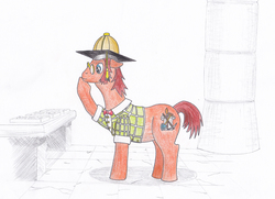 Size: 2652x1920 | Tagged: safe, artist:malte279, oc, oc only, oc:fillyas foal, pony, archaeologist, pen and paper rpg, solo, traditional art