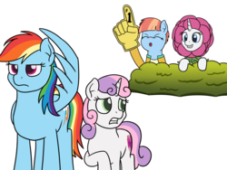 Size: 1280x960 | Tagged: safe, artist:mkogwheel, rainbow dash, rarity, sweetie belle, windy whistles, pony, forever filly, g4, parental glideance, embarrassed, flowerity, wing hands