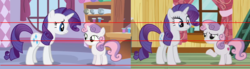 Size: 1999x550 | Tagged: safe, screencap, rarity, sweetie belle, pony, forever filly, g4, my little pony: friendship is magic, season 2, season 7, comparison, continuity, cutie mark, female, filly, size difference, the cmc's cutie marks, they grow up so fast