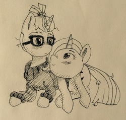Size: 1756x1671 | Tagged: artist needed, safe, moondancer, trixie, pony, unicorn, g4, blushing, clothes, female, glasses, lesbian, looking at each other, mare, monochrome, ship:trickdancer, shipping, sweater, traditional art