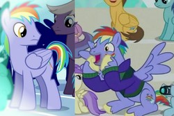 Size: 1499x1001 | Tagged: safe, edit, screencap, bow hothoof, rainbow blaze, pegasus, pony, g4, games ponies play, parental glideance, background pony, backwards cutie mark, brothers, camera, clothes, comparison, cropped, excited, female, filly, implied siblings, male, mare, open mouth, siblings, slowpoke, stallion, sweater, unshorn fetlocks