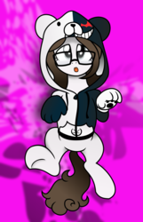 Size: 2100x3252 | Tagged: dead source, safe, artist:kutt172, artist:nxzc88, oc, oc only, oc:pyrisa miracles, pony, unicorn, :p, abstract background, clothes, cosplay, costume, cute, danganronpa, female, glasses, gloves, high res, hoodie, mare, mlem, monokuma, on back, paw pads, paws, solo, tongue out, vector
