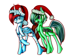 Size: 1024x768 | Tagged: safe, artist:menmadrawing, oc, oc only, pegasus, pony, unicorn, christmas, hat, holiday, santa hat, simple background, transparent background