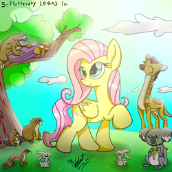 Size: 3000x3000 | Tagged: safe, artist:viejillox64art, clementine, fluttershy, beaver, giraffe, koala, otter, pegasus, pony, rabbit, sloth, fluttershy leans in, g4, animal, female, high res, mare, raised hoof